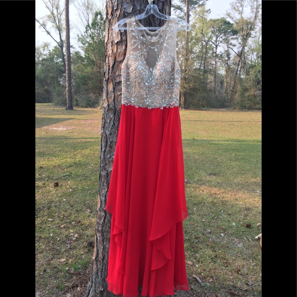 Beautiful long red and tan mesh gown